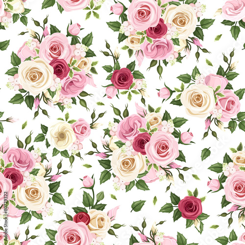 Seamless pattern with red, pink and white roses. Vector 