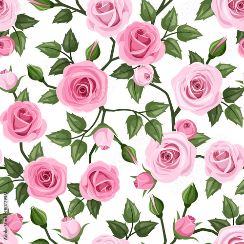 Seamless pattern with pink roses. Vector illustration. © naddya