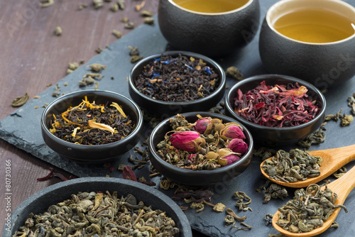 assortment of fragrant dried teas and green tea, close-up