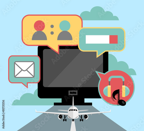 Flat vector illustration of web icons around a computer