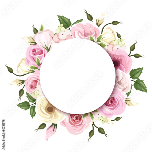 Background with pink and white roses and lisianthus flowers. 