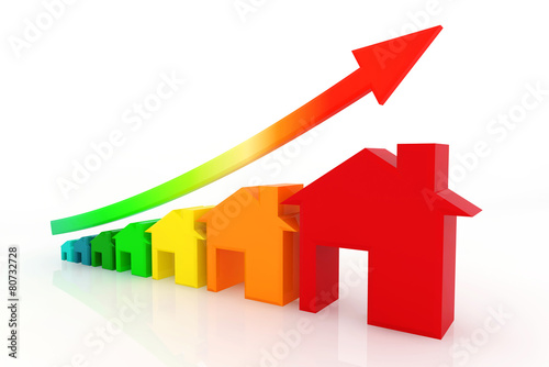 3d houses with red growing up graph.