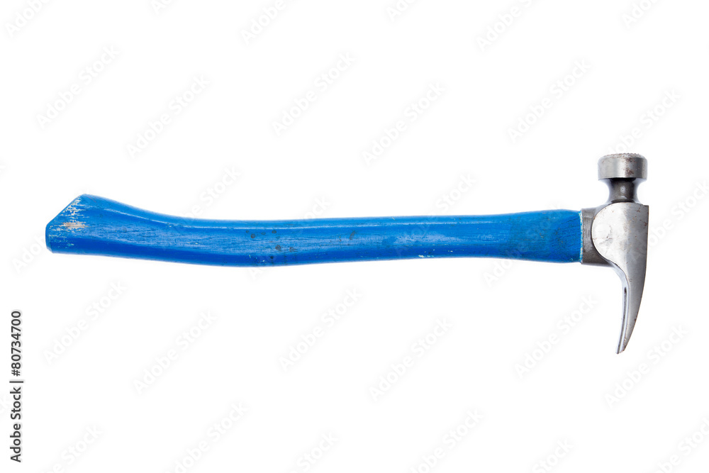 Used metal hammer with a blue handle Used metal hammer with a blue handle