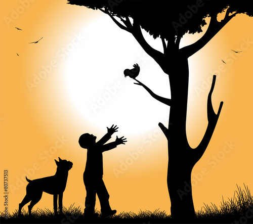 cane con il suo cane sotto un albero