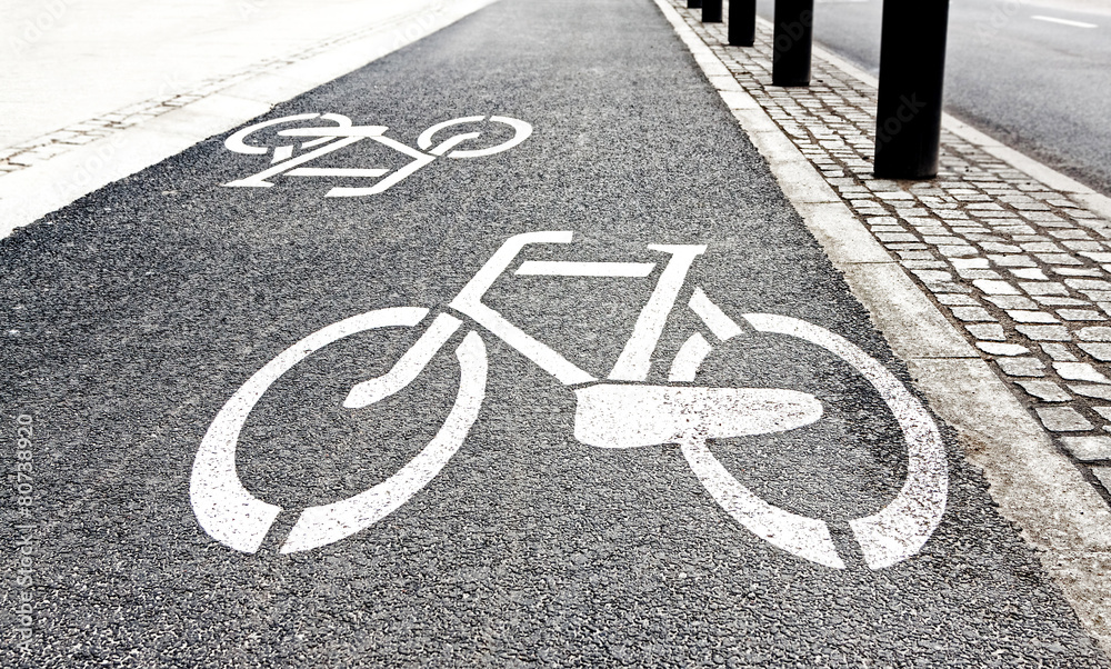 Obraz premium White painted bike path signs on asphalt.