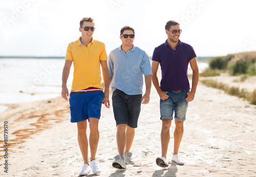 smiling friends in sunglasses walking along beach photo