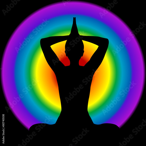 Human silhouette in yoga pose with aura and chakras colors on ba