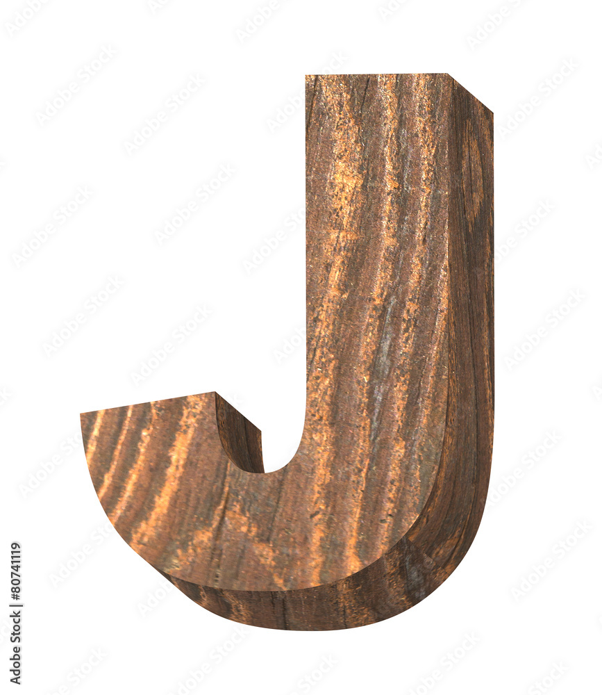 One letter from old pine wood alphabet set isolated over white. 