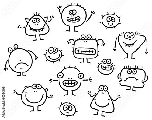 Simple Cartoon Black and White Monsters Set