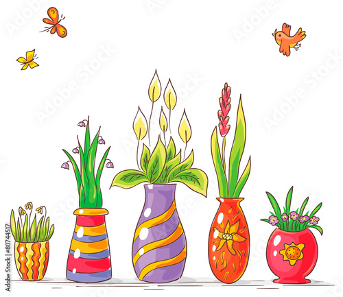Colorful Vases with Flowers in a Row