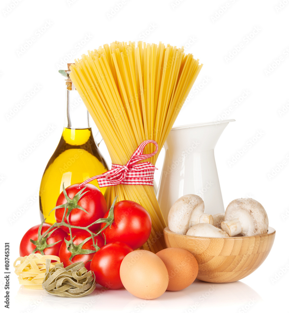 Pasta, tomatoes, eggs, mushrooms and olive oil