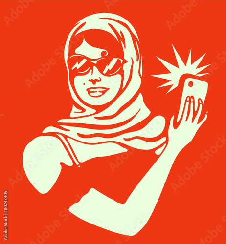 Retro clipart: Pretty lady taking selfie with smartphone camera