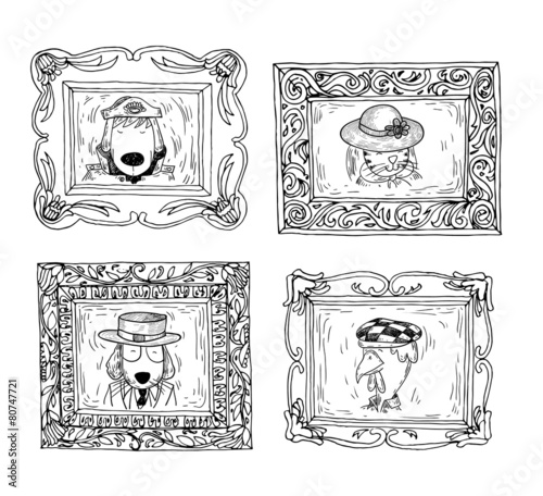 Set picture frames with animals portrait, vector illustration.