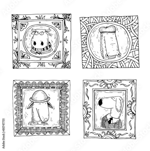Set picture frames with animals portrait.