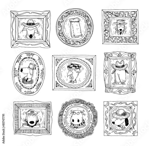 Set picture frames with animals portrait, vector illustration.