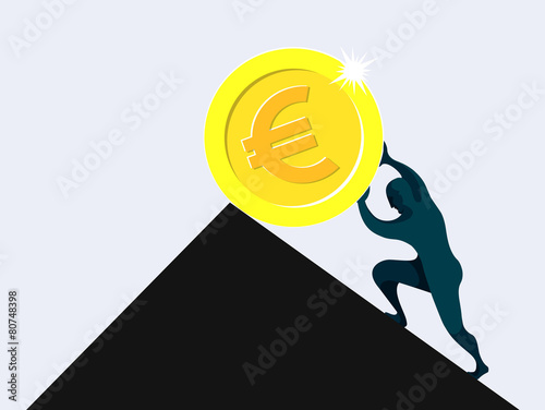 Sisyphus, man rolling and pushing euro coin uphill