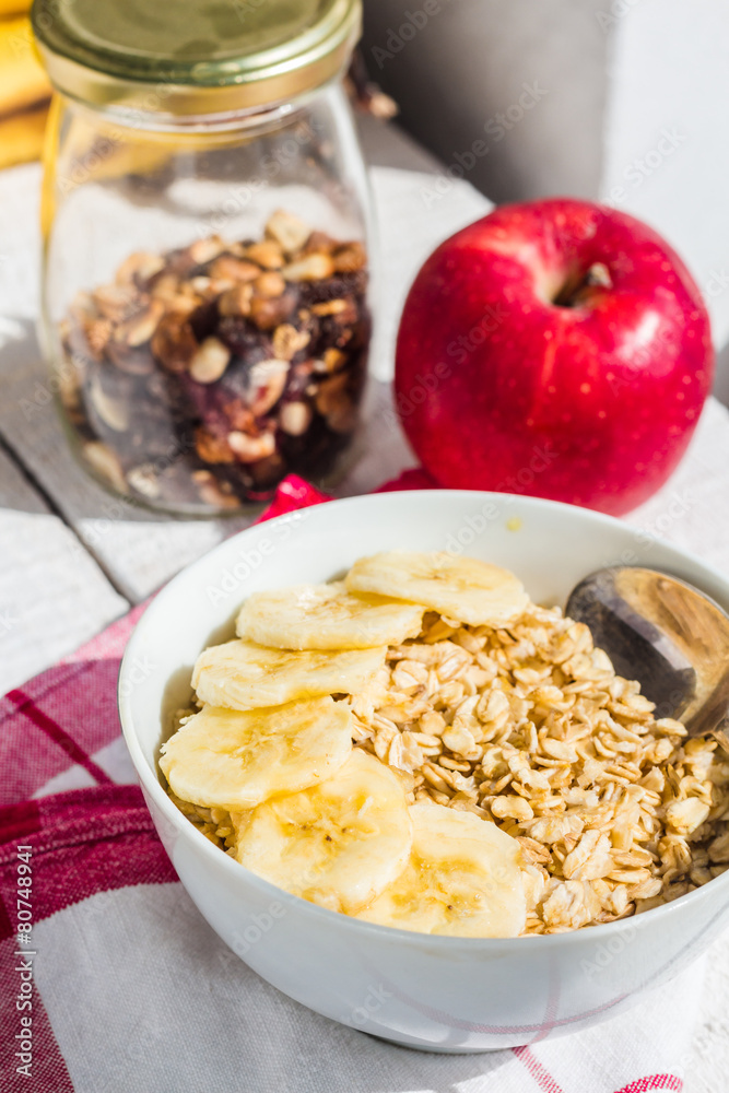 oatmeal with bananas, apples, nuts and dried fruit jar oatmeal with bananas, apples, nuts and dried fruit jar