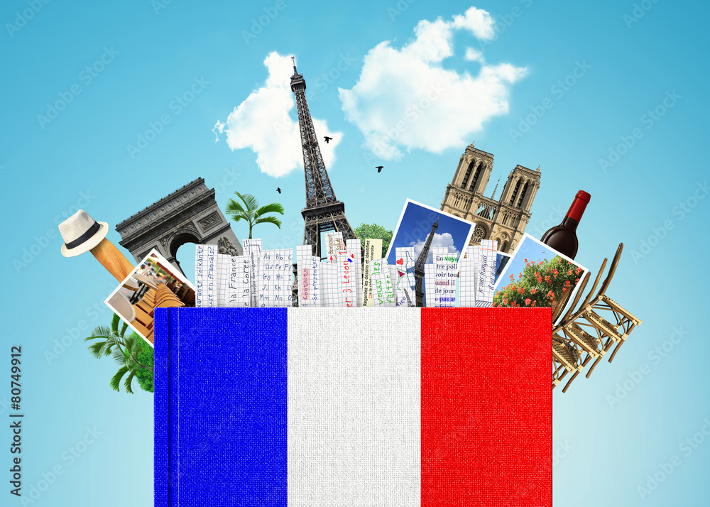 French language, the book with the French flag and bookmarks - obrazy, fototapety, plakaty 