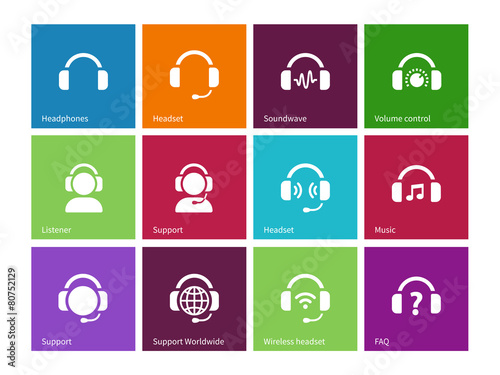 Headphones icons on color background.