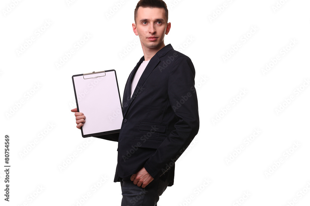 Portrait of happy businessman showing blank clipboard over white Portrait of happy businessman showing blank clipboard over white