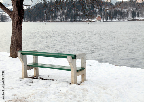empty bench on Lake Bled, Slovenia