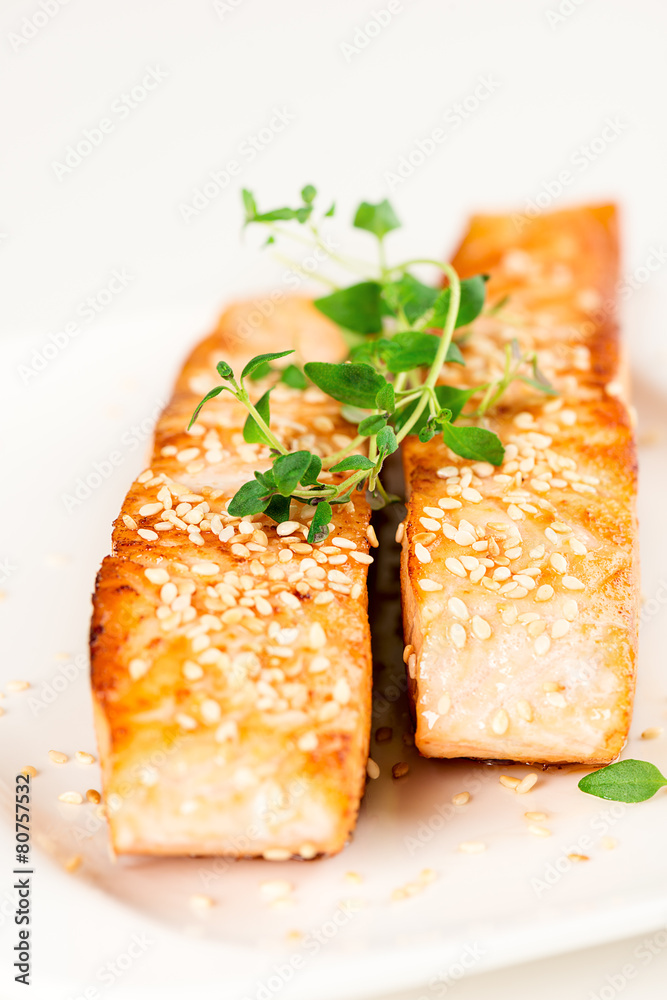 Grilled salmon on white plate Grilled salmon on white plate