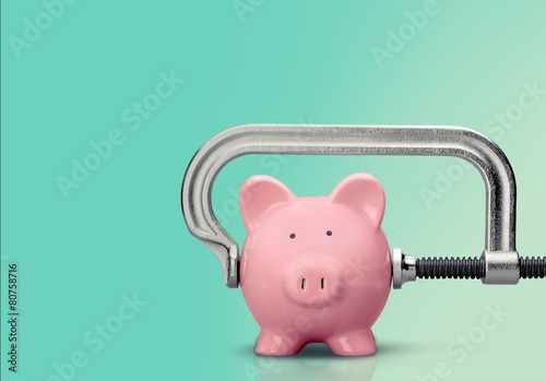 Cheap. Piggy bank with squeezing C clamp photo
