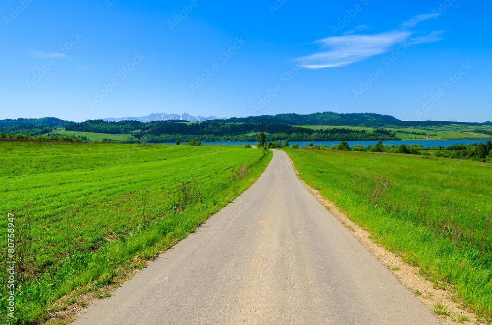Road in spring landscape of Pieniny Mountains, Poland