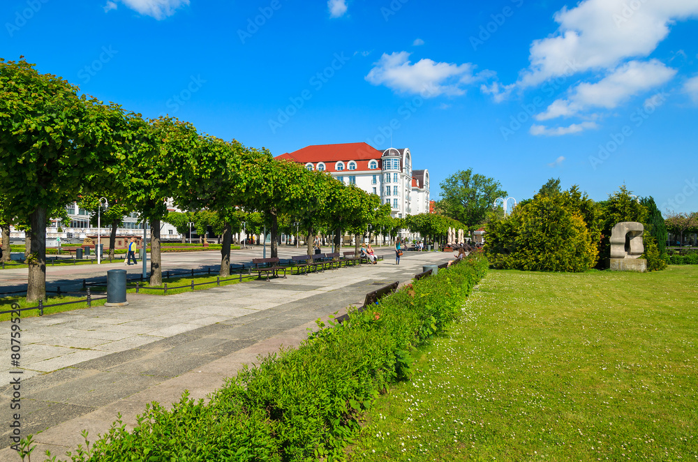 Public park in Sopot seaside town in summer, Baltic Sea, Poland