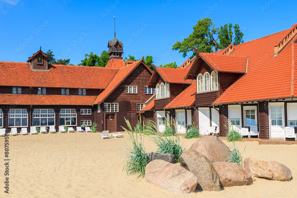 Holiday houses on beach in Sopot town, Baltic Sea, Poland