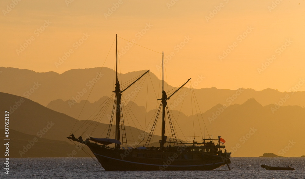 Yacht in the bay. Komodo National Park. Landscape. The island.
