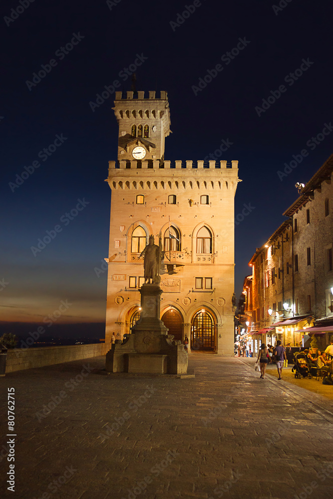 Town hall square in San Marino late in the evening in summer