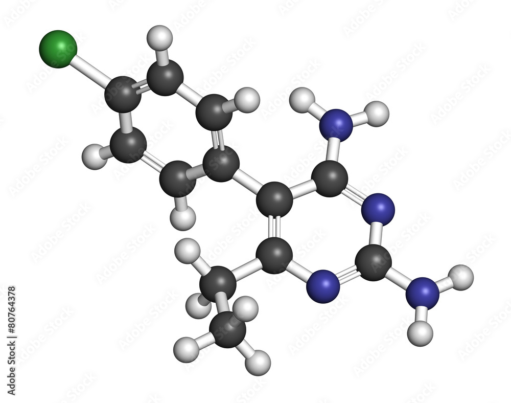 Pyrimethamine malaria drug molecule. Pyrimethamine malaria drug molecule.