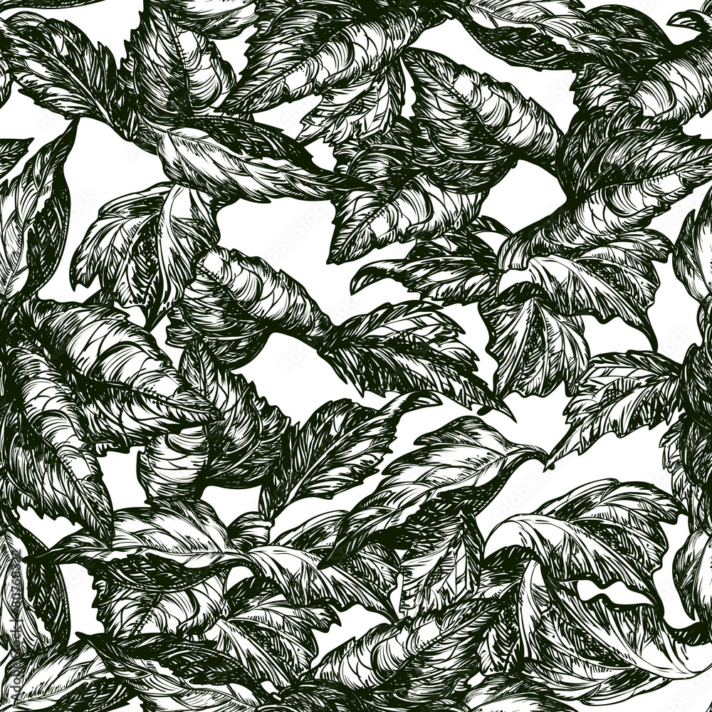 Fototapeta premium Vector ornate seamless patterns with leaves at engraving style