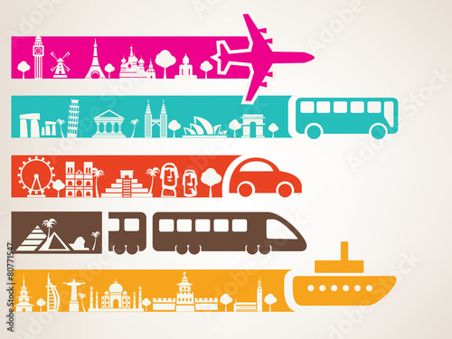 world travel by different kinds of transport, landmarks set