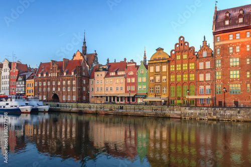 Dawn view across Polish Motlawa river on old town of Gdansk