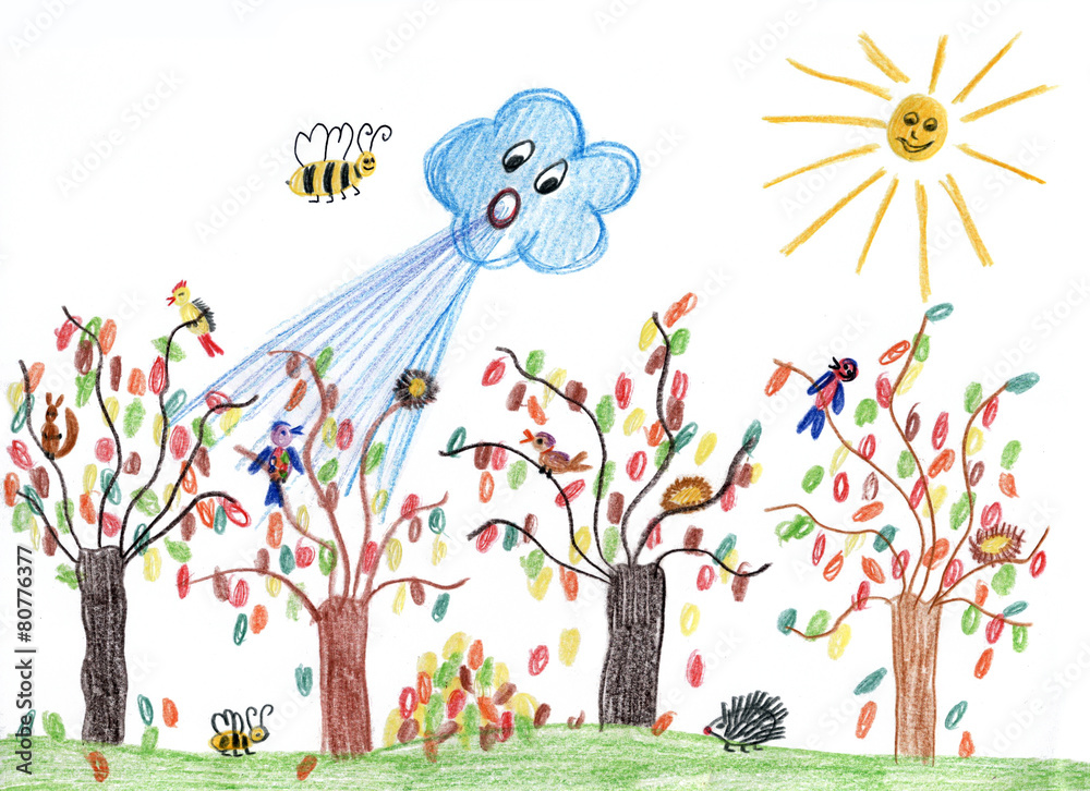 Fototapeta premium Kinderzeichnung - Herbstwind im Garten