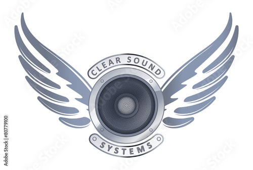 Abstract design with speaker. wings and captions Clear sound sys