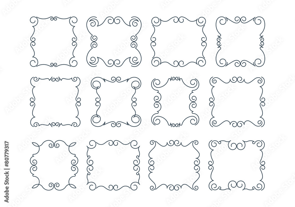 Set of 12 rich decorated calligraphic outlined stroke frames.