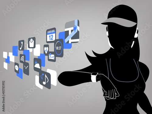 テクノロジー スマート ウォッチ コンセプト Fitness woman and smart watch device