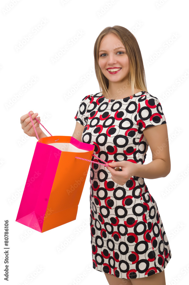 Young woman after shopping isolated on the white