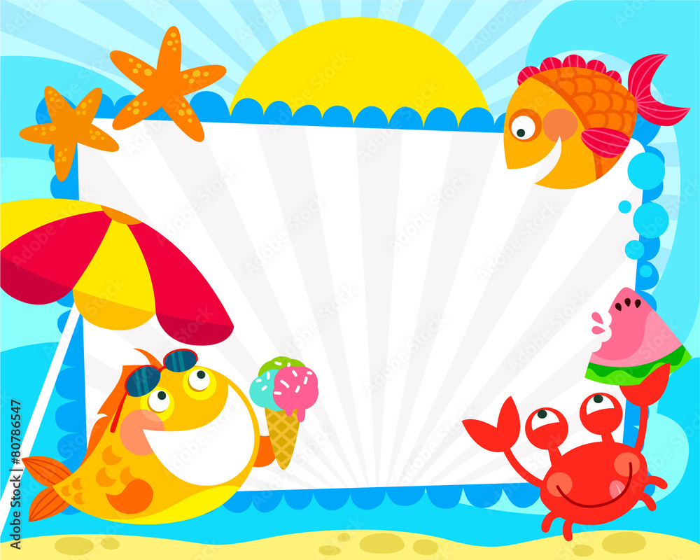 frame with cartoon fish and summer symbols frame with cartoon fish and summer symbols