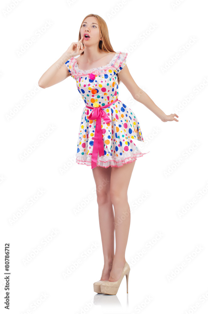 Woman in polka-dot dress isolated on white Woman in polka-dot dress isolated on white