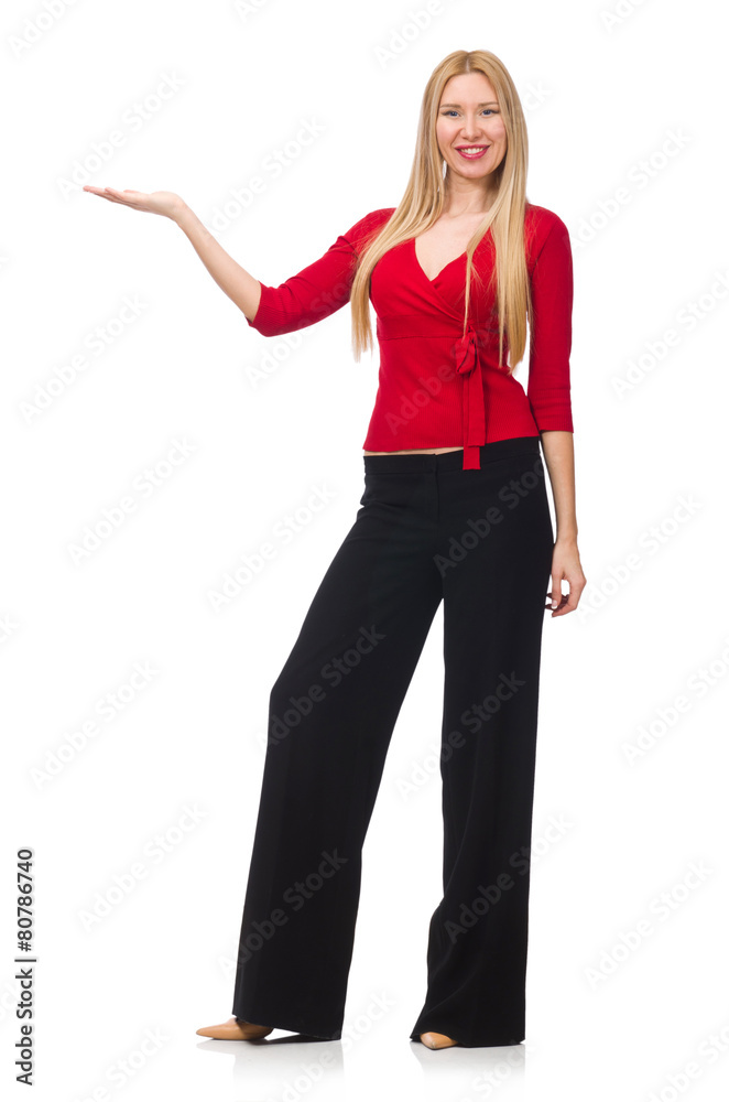 Young woman in flared pants isolated on white Young woman in flared pants isolated on white