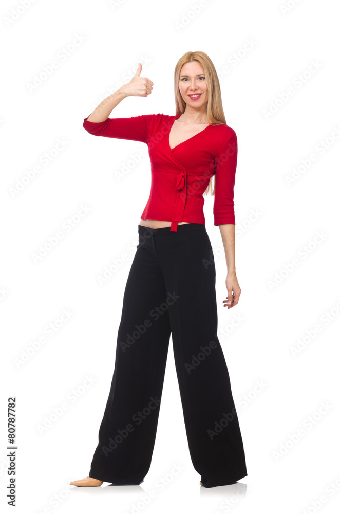 Young woman in flared pants isolated on white Young woman in flared pants isolated on white