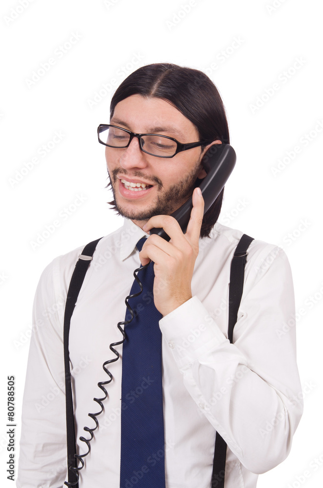 Businessman is speaking on the phone isolated on white Businessman is speaking on the phone isolated on white