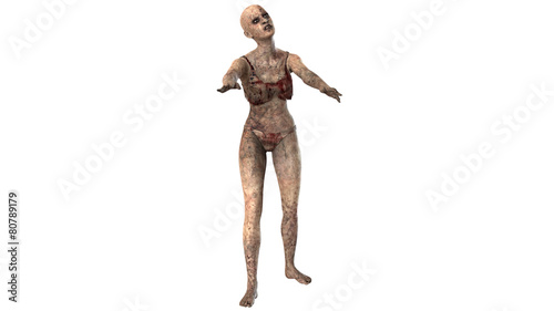 Walking dead zombie woman isolated on white background