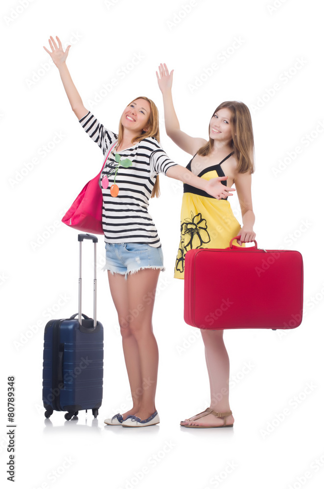 Girls in summer clothing with bags isolated on white Girls in summer clothing with bags isolated on white