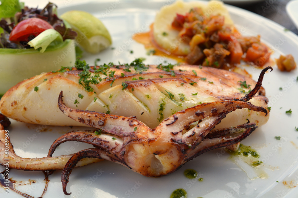 Macro Close up of grilled calamari and vegetables
