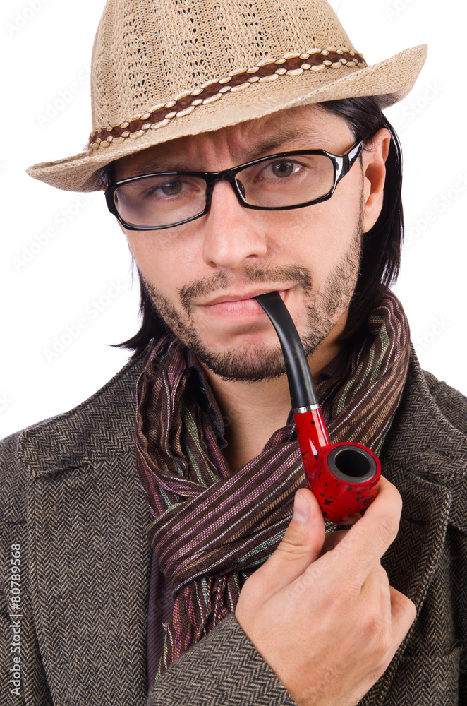 Young detective with pipe isolated on white Young detective with pipe isolated on white